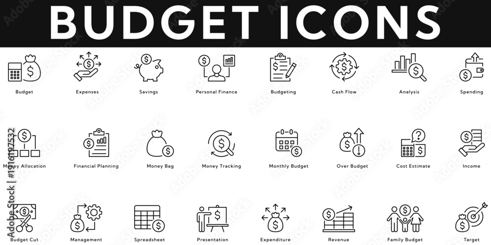Ταπετσαρία Budget icon collection contains expenses, savings, cash flow, analysis, income, revenue, management, planning, cost estimate, money tracking, allocation
