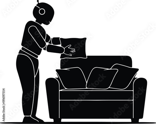 silhouette robot arranging cushion on sofa smart home automation futuristic domestic helper vector design