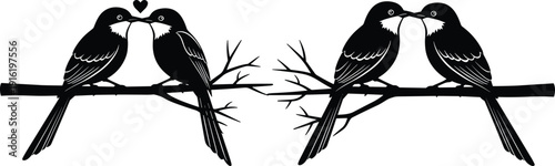 Love birds couple silhouette illustration perched on branch with heart symbol, romantic nature concept, black and white vector design