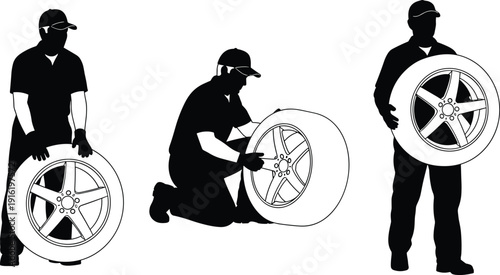 Mechanic worker silhouettes changing car wheel, automotive repair and tire service concept, maintenance activity illustration, black vector isolated on white background
