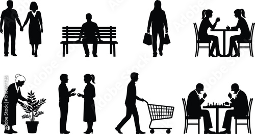 Silhouette collection of everyday people activities, walking couple, sitting, shopping, conversation, gardening, chess game, social lifestyle scenes, black isolated vector illustration set