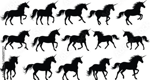 Unicorn silhouette collection featuring mythical horse poses, fantasy creature design set, black and white vector illustration for magical themes