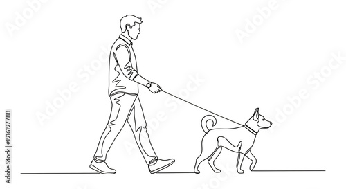 Man walking dog on leash in simple line art style on transparent background transparent background