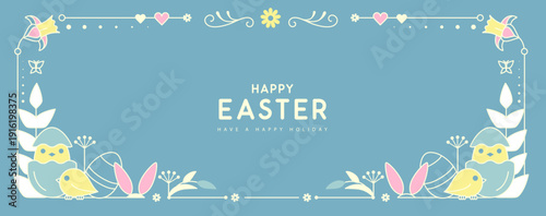 Happy Easter poster or greeting card with chicken, rabbits ears, floral elements and Easter eggs on blue background. Easter frame. Vector illustration