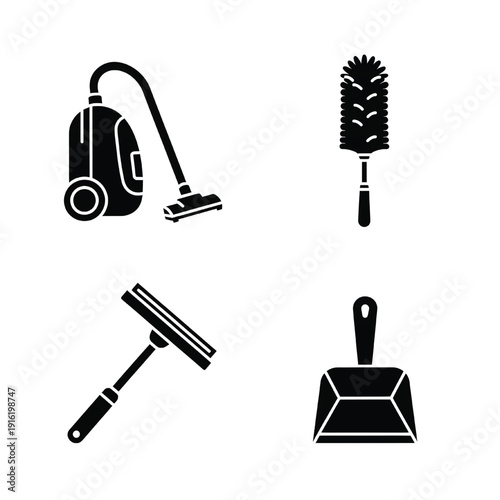 Set of 4 cleaning tools glyph icons vector