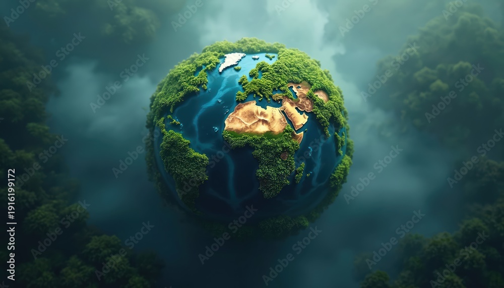 Naklejka premium Green planet Earth covered in moss and trees floats in clouds. Rich forests surround the globe. Concept of ecological balance and conservation.