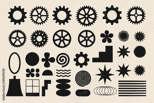 Abstract Geometric Shapes and Mechanical Gear Icons Set