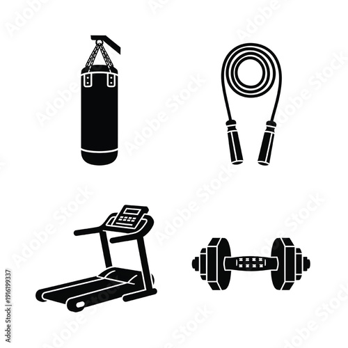 Set of 4 black fitness gym equipment icons vector
