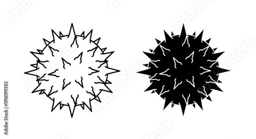 Abstract spiky starburst shapes in black and white, depicting dynamic energy and contrast, viewed from a straightforward perspective
