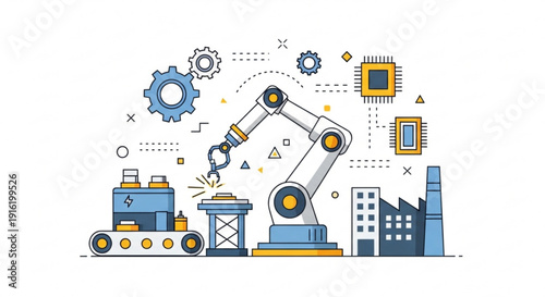 A vector graphic illustration of a robotic arm in an industrial setting with various machinery and technology symbols