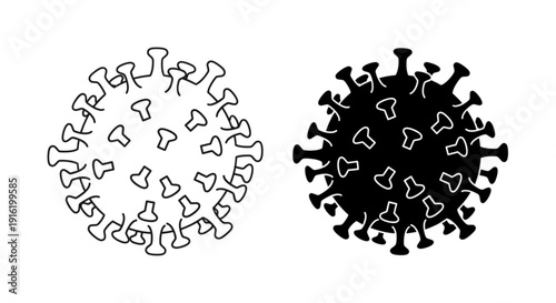 Virus illustration comparison between outline and filled graphic representations on a clean background