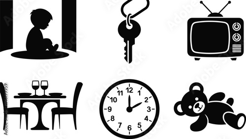 Black silhouette childhood and household icon set, sad boy, key, vintage television, dining table, wall clock, teddy bear, flat vector illustration
