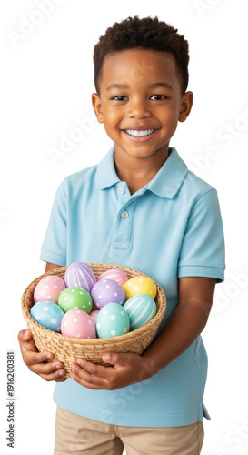A smiling African-American boy holding a basket of colorful Easter eggs isolated on a transparent background. Concept: joy, childhood, and holiday spirit.