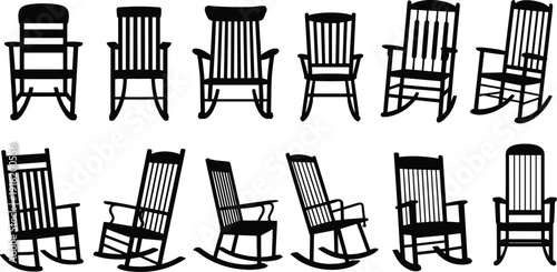 Black silhouette rocking chair icon set, wooden armchairs in multiple views, classic furniture collection, isolated flat vector illustration