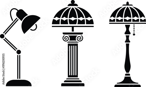 Black silhouette vintage lamp collection, classic desk and decorative table lamps, elegant interior lighting set, isolated flat vector illustration