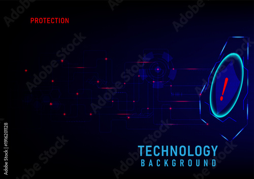 Abstract background of technological innovation. Defense and security system. Ring of light around the shield on the right, lines and elements on the left, and a red beam. Binary numbers below.