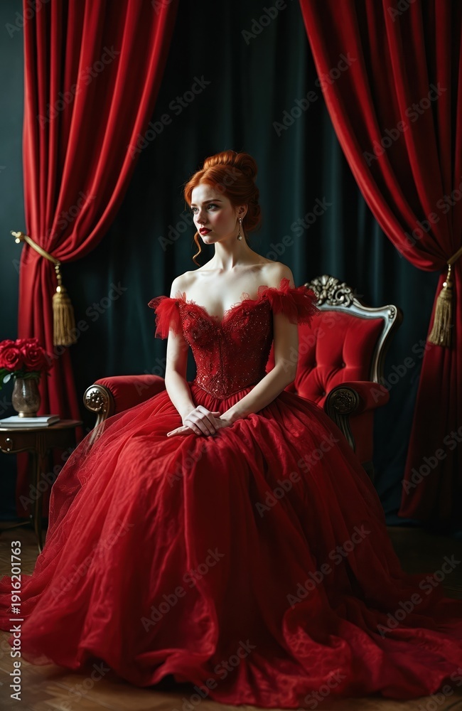 Fototapeta premium Red haired woman in Victorian ballgown sits in ornate chair. Crimson dress with full skirt cascades over floor. Dark background contrasts luxurious red fabric. Elegant pose indoors.