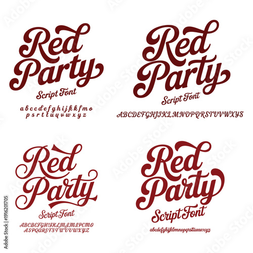 Red Party script font with alphabet examples typography