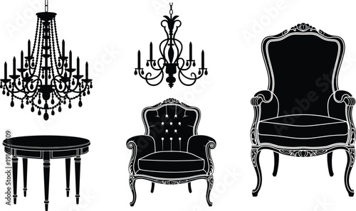 Luxury vintage furniture and chandelier silhouette collection, classic armchairs, ornate table and elegant lighting vector illustration isolated on white background