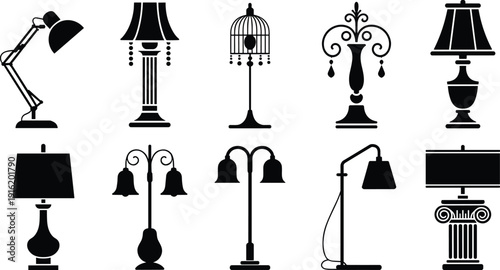 Vintage and modern lamp silhouette collection, classic table and floor lighting icons vector illustration isolated on white background for interior design