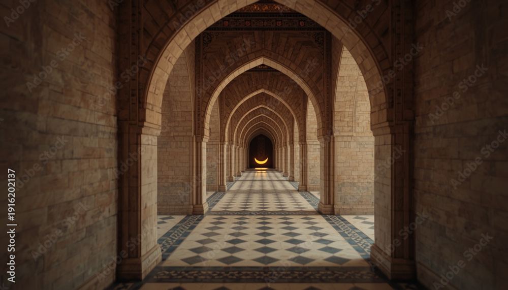 Fototapeta premium Long corridor with arches and checkered floor inside