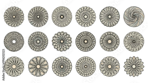 Extensive collection of eighteen decorative circular rosettes or ornaments with intricate stone or metal textures on a white background.