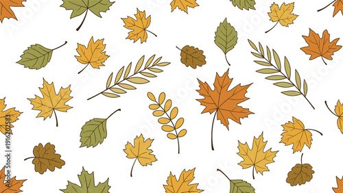 Vibrant seamless pattern featuring a variety of autumn leaves in orange, yellow, and green colors scattered on a white background.