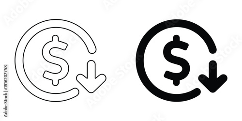Cost Reduction Icon Vector Depicting Dollar Decrease, Declining Profit Symbol and Cost Saving Concept