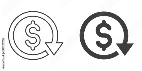 Cost Reduction Icon Vector Depicting Dollar Decrease, Declining Profit Symbol and Cost Saving Concept
