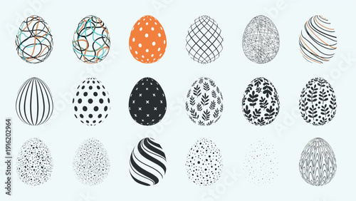 Set of diverse decorated easter eggs with different patterns, textures, and colors on a light background for spring holiday celebrations.