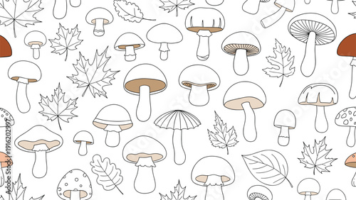 Charming seamless pattern of various hand drawn mushrooms and autumn leaves on a white background, perfect for seasonal fall projects.