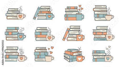 Collection of cozy flat illustrations featuring stacks of books and mugs of hot coffee with steam and hearts for book lovers and cafe themes.
