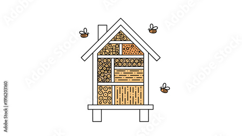 Educational illustration of a wooden insect house or bee hotel with various nesting materials and bees flying around to promote biodiversity.
