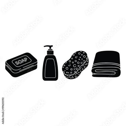 Bathroom hygiene solid icon collection. Includes soap bar, liquid soap dispenser, bath sponge, and folded towel symbols. Created in black silhouette style with monochrome palette.