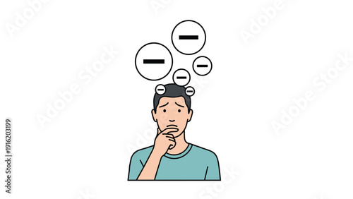 Worried man with minus sign bubbles floating above his head, illustrating negative thoughts, anxiety, mental health issues, and pessimism.