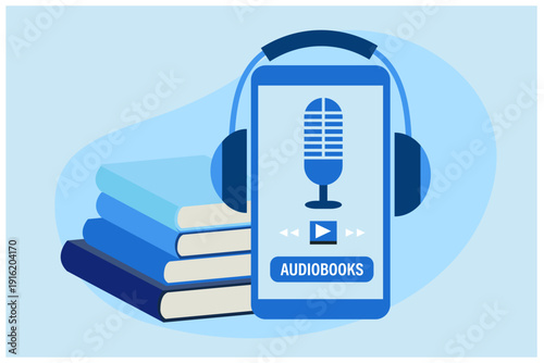 Audiobooks concept. Online application to listen in digital audiobooks and podcasts vector illustration