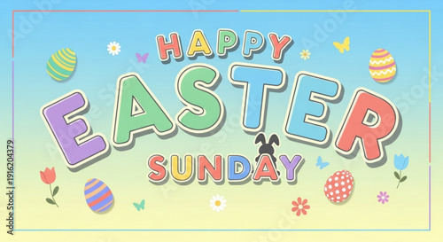 Colorful easter sunday greeting card with eggs flowers and butterflies on blue background