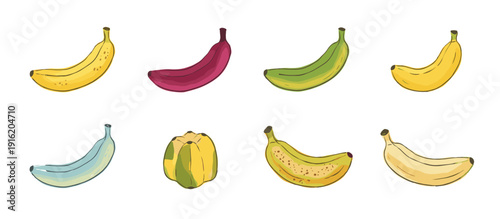 A collection of eight cartoon-style illustrations of bananas in various colors and stages of ripeness, including yellow, red, green, blue, and a unique cubed shape.