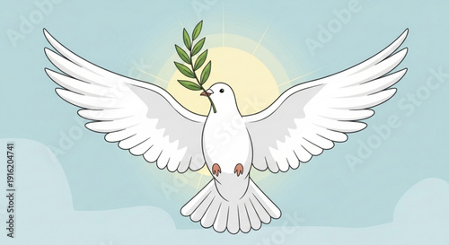 A white dove flying with olive branch in beak towards sunny sky with clouds symbolizing peace and freedom in a serene natural environment