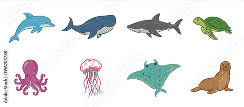 A collection of eight colorful, hand-drawn marine animals including a dolphin, whale, shark, turtle, octopus, jellyfish, manta ray, and seal.