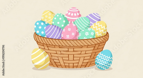 Colorful easter eggs in a woven basket on a beige background symbolizing springtime and holiday celebrations