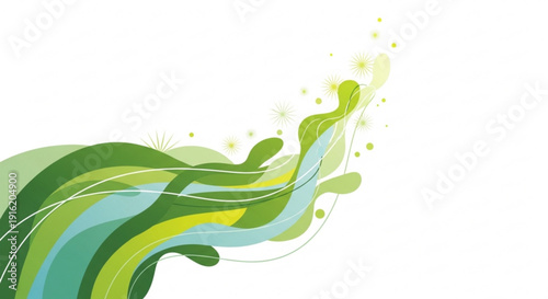 Vibrant green wave with fluid motion and dynamic splashes on a white background symbolizing growth and energy