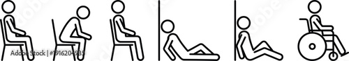 Stick Figure Icon Collection Featuring People in Wheelchairs Sitting on Chairs and Leaning Against Walls for Accessibility Disability Inclusion and Human Seating Posture Design