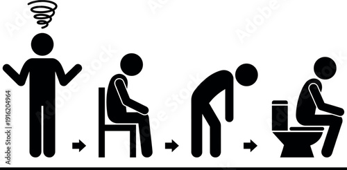 Stick figure infographic showing stages of physical illness including feeling dizzy sitting in pain bending over and using a toilet for digestive health issues