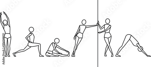 Vector Illustration Set of Stick Figure Women Performing Various Yoga Poses and Stretching Exercises for Fitness Wellness Flexibility Training and Healthy Lifestyle Routine Sequence