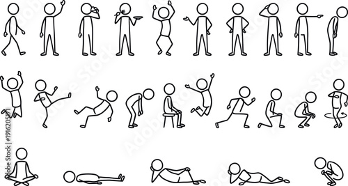 Stick figure character set with various poses and emotions including walking, sitting, jumping, running, dancing, meditating, sleeping, and standing isolated on white background vector.