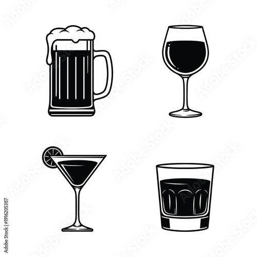 Collection of various beverage glasses and a mug filled with different drinks, showcasing a variety of drinking vessels from different viewpoints.