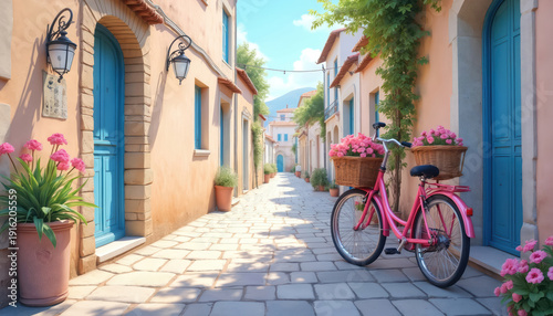 Pink bicycle with flowers in baskets parked on cobblestone street. Buildings with blue doors, pastel walls line charming alley. Green plants, potted plants add vibrant color to peaceful European