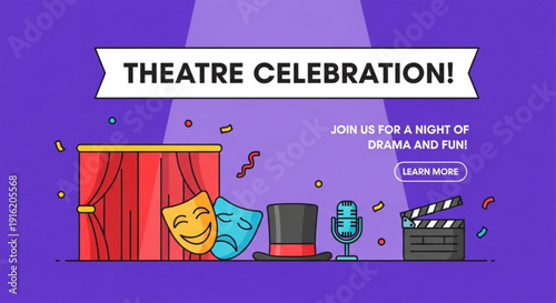 Theatre celebration with comedy and tragedy masks spotlight microphone and film clapper on purple background with confetti