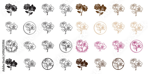 20 Hand-Drawn Orchid and Rose flower Vector Illustrations - Minimalist Floral Line Art Collection, Isolated on white Background, including colored and black outline versions